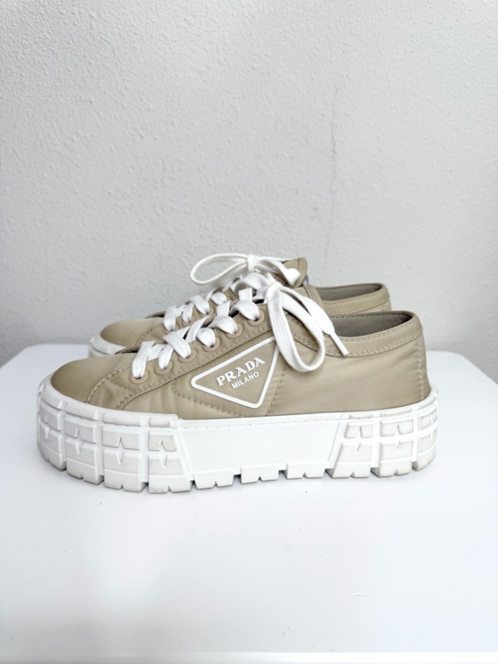 Prada Double Wheel Nylon Sneakers Gabardine Sneakers In Desert Beige Size 37.5 - Picture 6 of 12